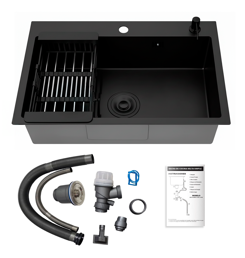 DeltaSimple-Black Incluye (2) Bacha Pileta Cocina 75cm Acero Inox 304 Pulido Delta Tawak - Image 1